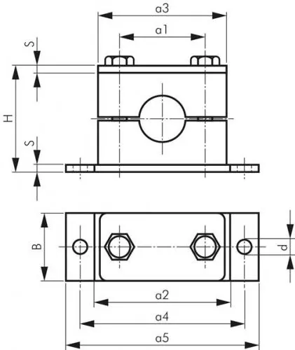 Zeichnung Hydac Rohrschelle Edelstahl schwere Baureihe DIN 3015 T2 mit Elastomereinsatz für Hydraulik- und Pneumatikleitungen